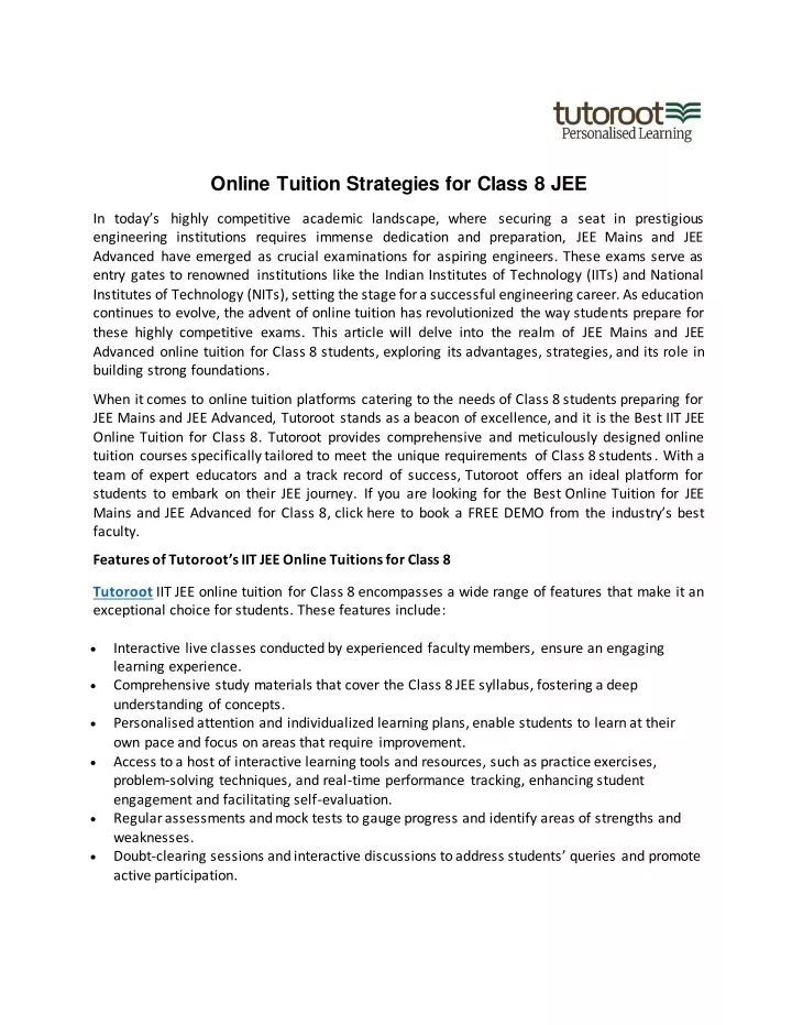 online tuition strategies for class 8 jee