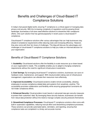 Benefits and Challenges of Cloud-Based IT Compliance Solutions