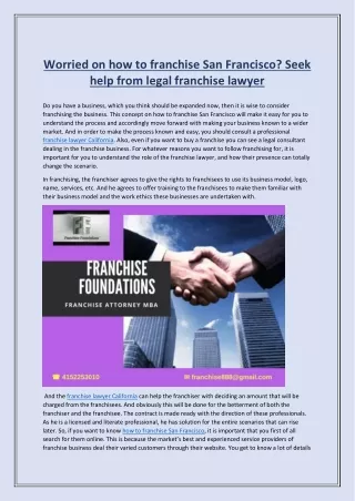 Worried on how to franchise San Francisco Seek help from legal franchise lawyer