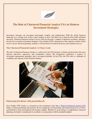 The Role of Chartered Financial Analyst USA in Modern Investment Strategies