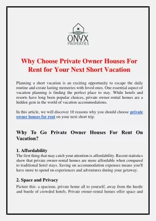 Why Choose Private Owner Houses For Rent for Your Next Short Vacation