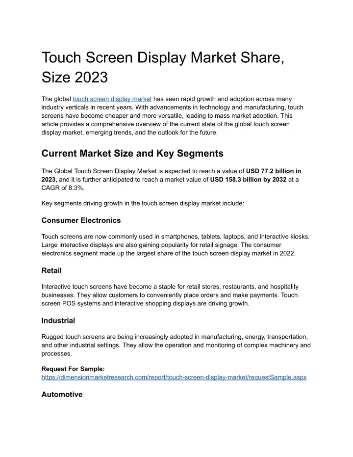touch screen display market share size 2023