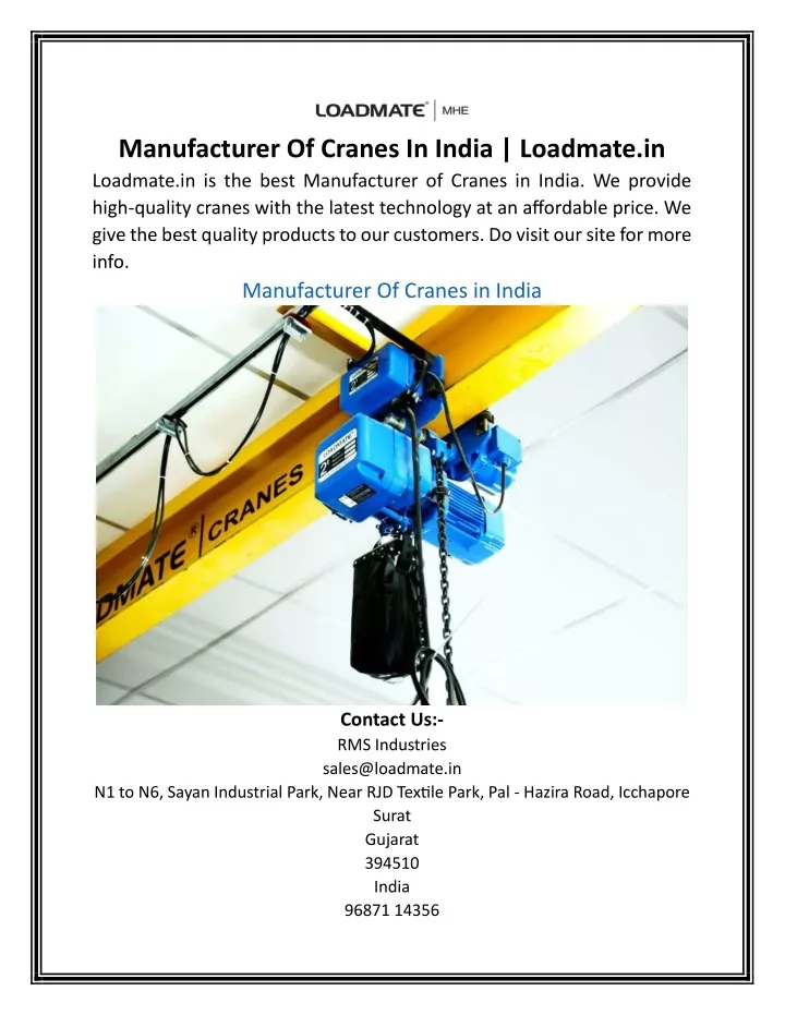 manufacturer of cranes in india loadmate