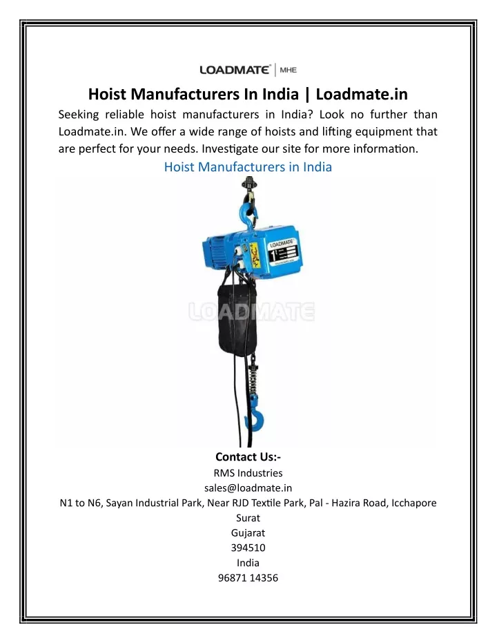 hoist manufacturers in india loadmate in seeking