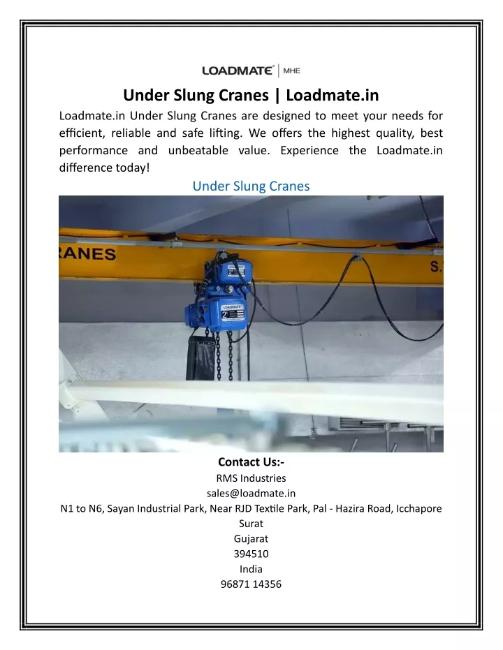 under slung cranes loadmate in loadmate in under