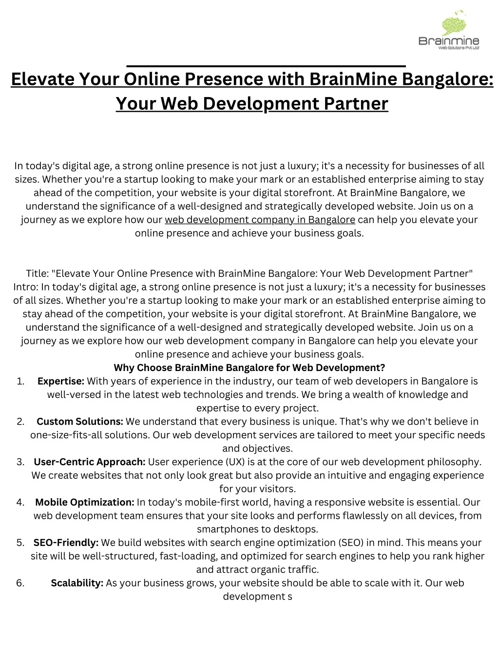 PPT - Elevate Your Online Presence with BrainMine Bangalore: Your Web ...
