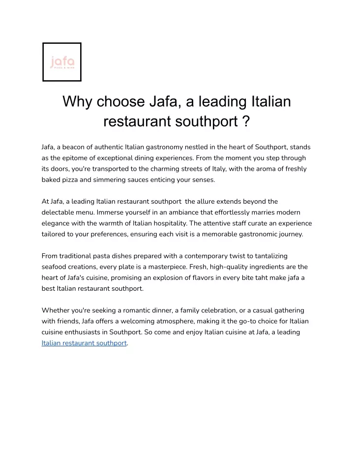 why choose jafa a leading italian restaurant