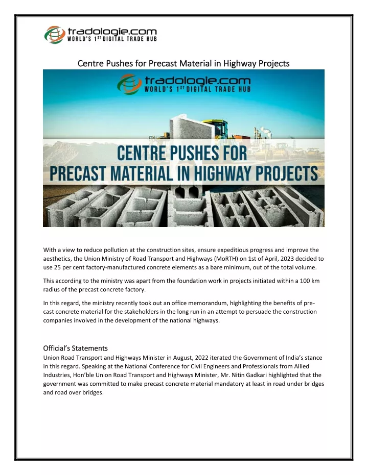 centre pushes for precast material in highway