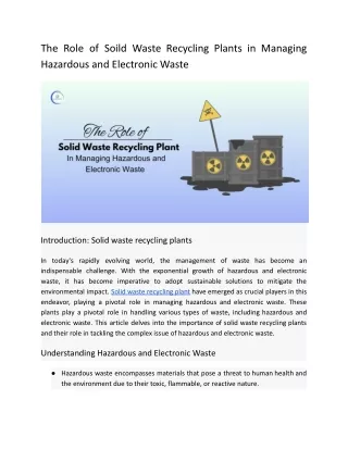 The Role of Soild Waste Recycling Plants in Managing Hazardous and Electronic Waste