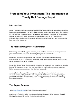 Protecting Your Investment: The Importance of Timely Hail Damage Repair