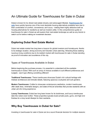 An Ultimate Guide for Townhouses for Sale in Dubai