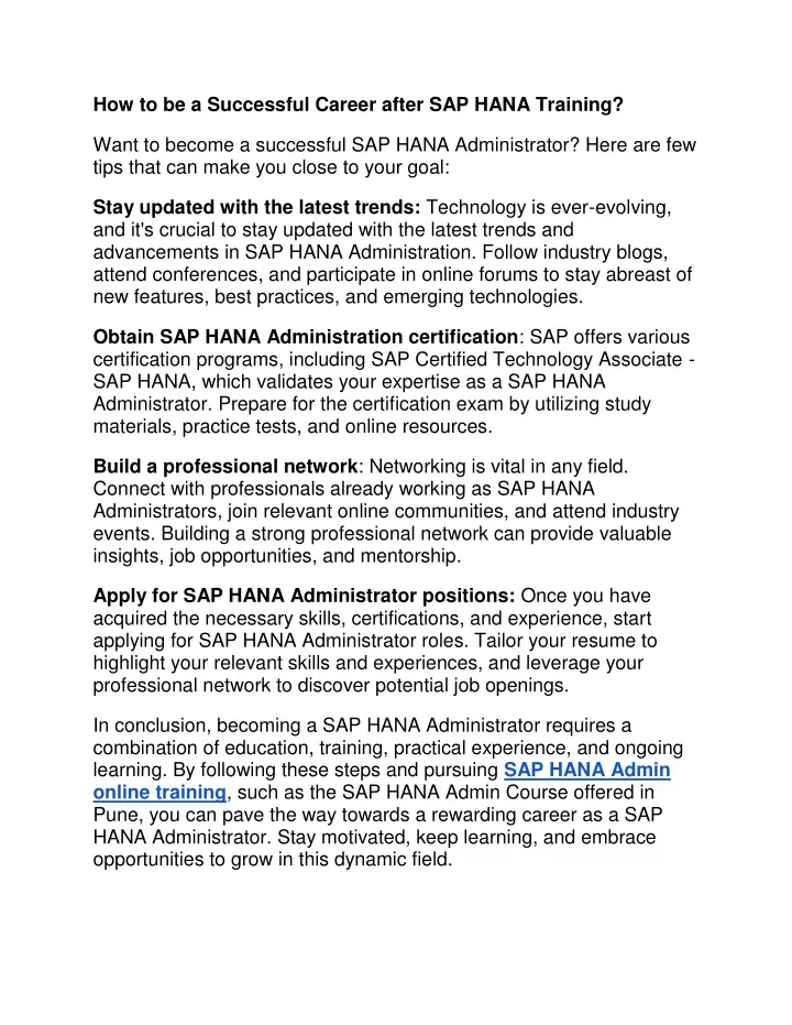 how to be a successful career after sap hana