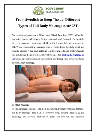 From Swedish to Deep Tissue Different Types of Full Body Massage near CST