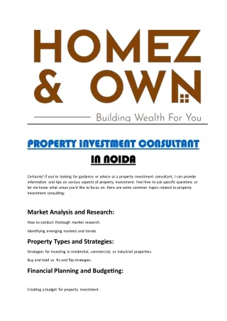 PROPERTY INVESTMENT CONSULTANT IN NOIDA/Homez&Own