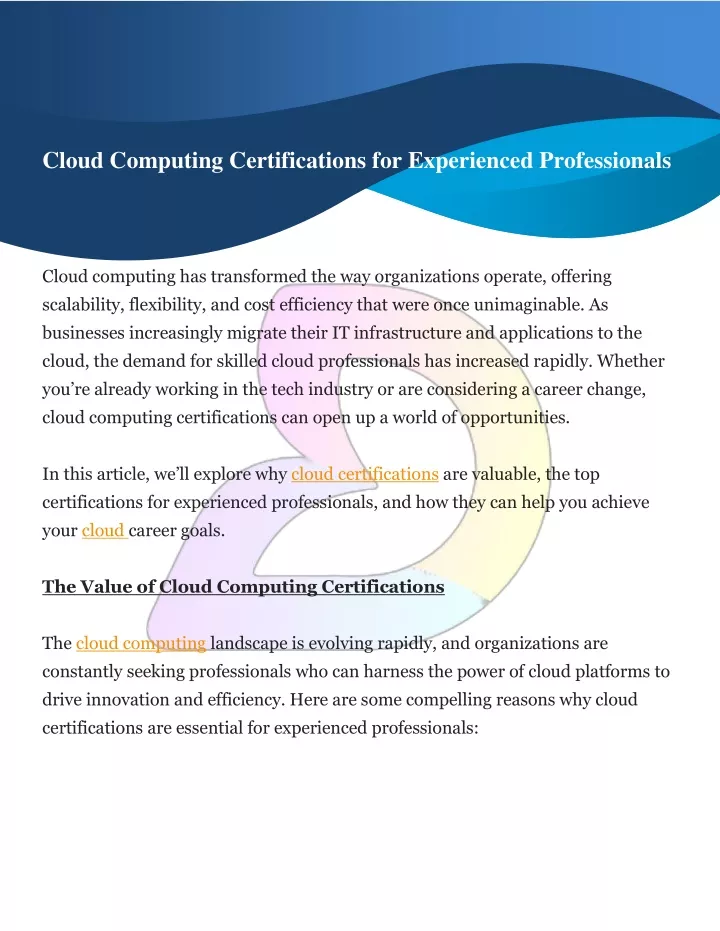 cloud computing certifications for experienced