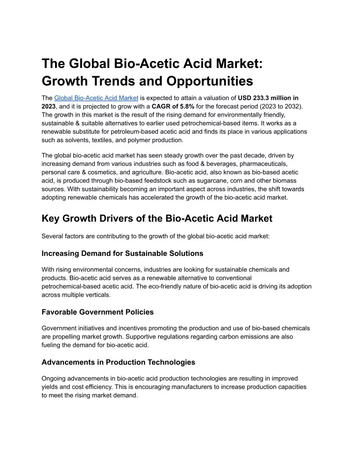 the global bio acetic acid market growth trends