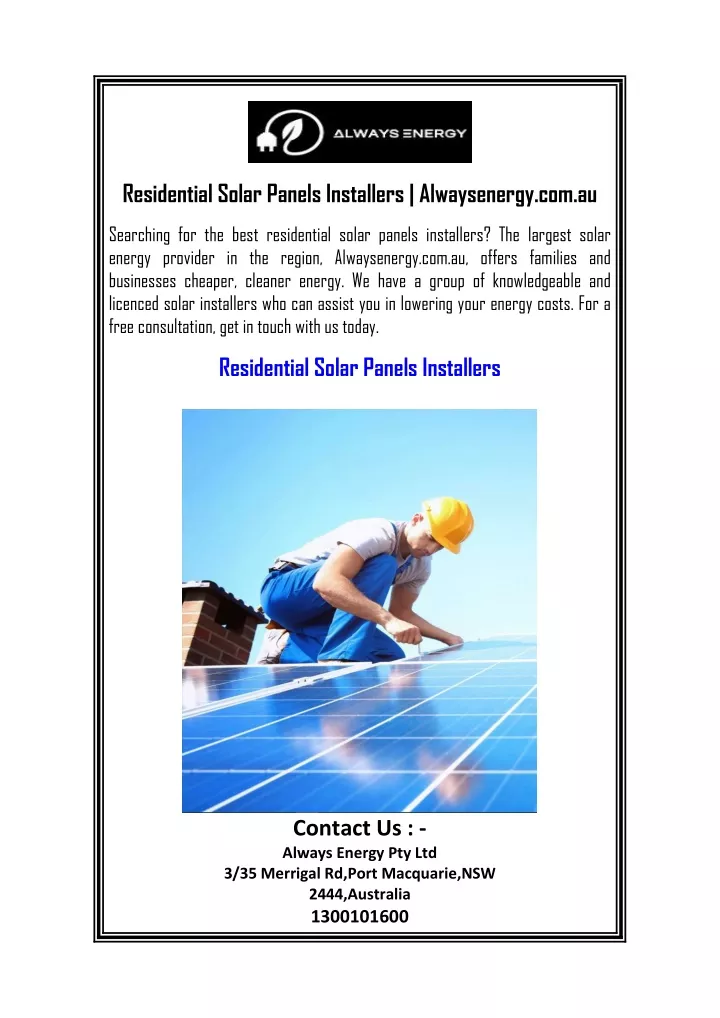 residentialsolar panelsinstallers alwaysenergy