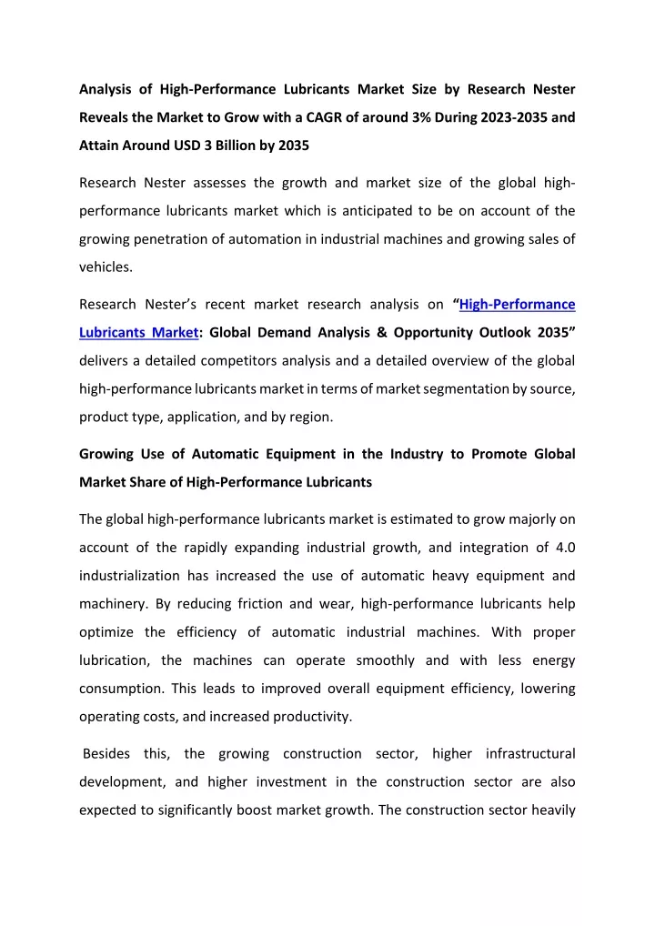 analysis of high performance lubricants market