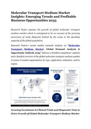 Molecular Transport Medium Market Analysis, Statistics By Top Manufacturers 2035