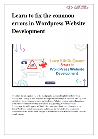 Learn to fix the common errors in Wordpress Website Development
