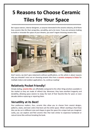 5 Reasons to Choose Ceramic Tiles for Your Space