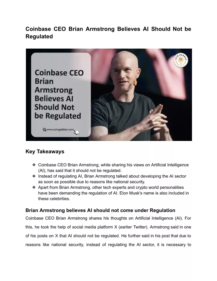 coinbase ceo brian armstrong believes ai should