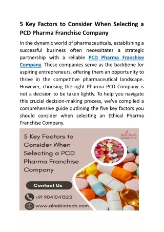 5 Key Factors to Consider When Selecting a PCD Pharma Franchise Company