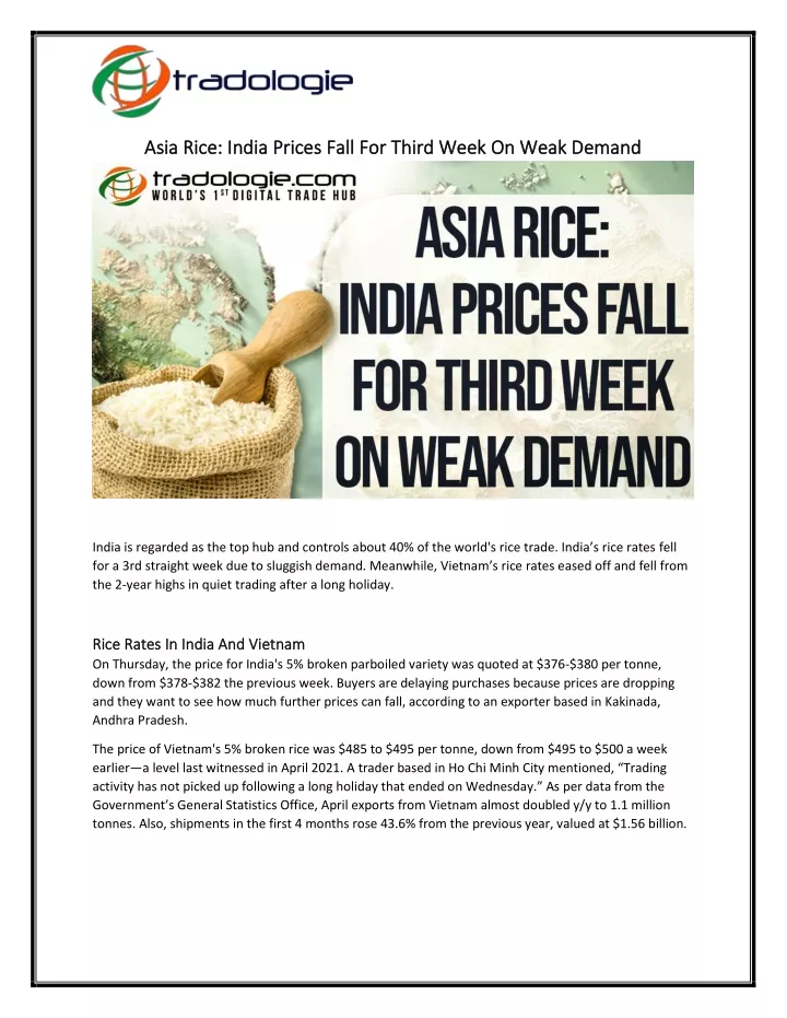 asia rice india prices fall for third week