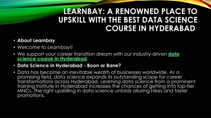 learnbay a renowned place to upskill with the best data science course in hyderabad