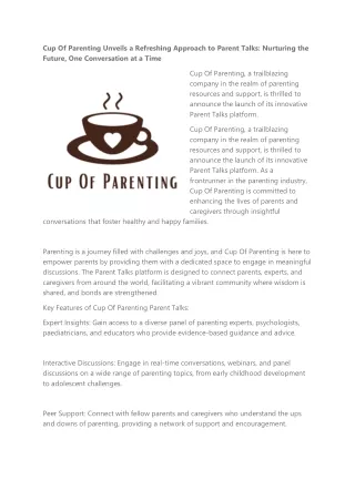 Cup Of Parenting Unveils a Refreshing Approach to Parent Talks