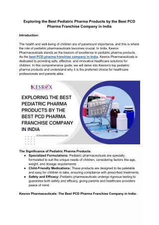 Exploring the Best Pediatric Pharma Products by the Best PCD Pharma Franchise Company in India