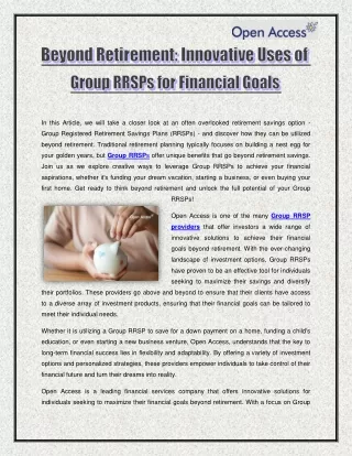 Beyond Retirement - Innovative Uses of Group RRSPs for Financial Goals