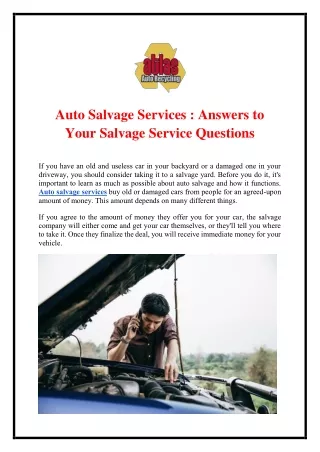 Auto Salvage Services : Answers to Your Salvage Service Questions