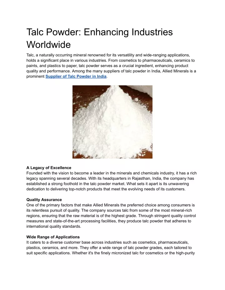 talc powder enhancing industries worldwide