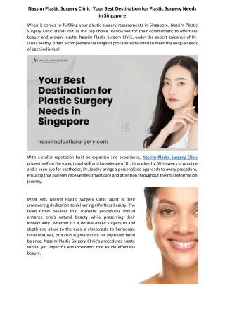 Your Best Destination for Plastic Surgery Needs in Singapore