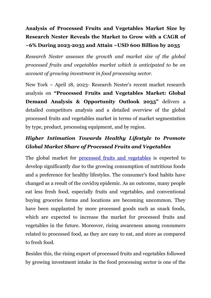 analysis of processed fruits and vegetables