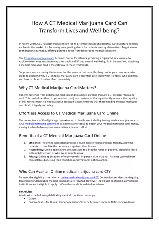 How A CT Medical Marijuana Card Can Transform Lives and Well-being?