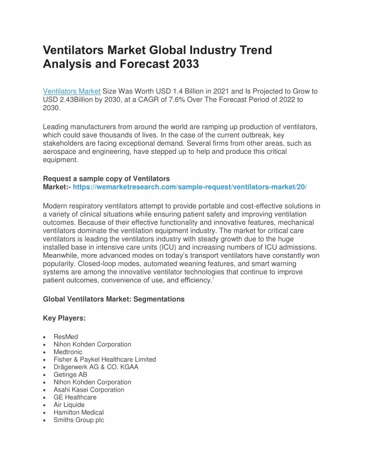 ventilators market global industry trend analysis