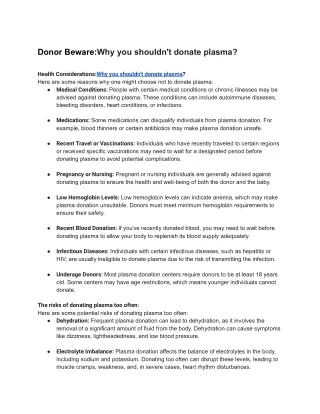 Donor Beware: Why you shouldn't donate plasma?