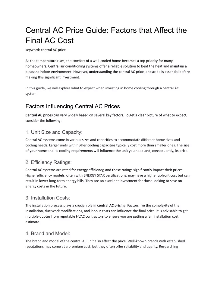 central ac price guide factors that affect
