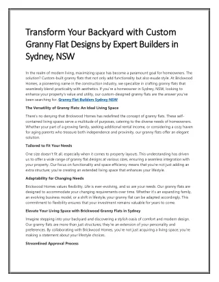 Transform Your Backyard with Custom Granny Flat Designs by Expert Builders in Sy