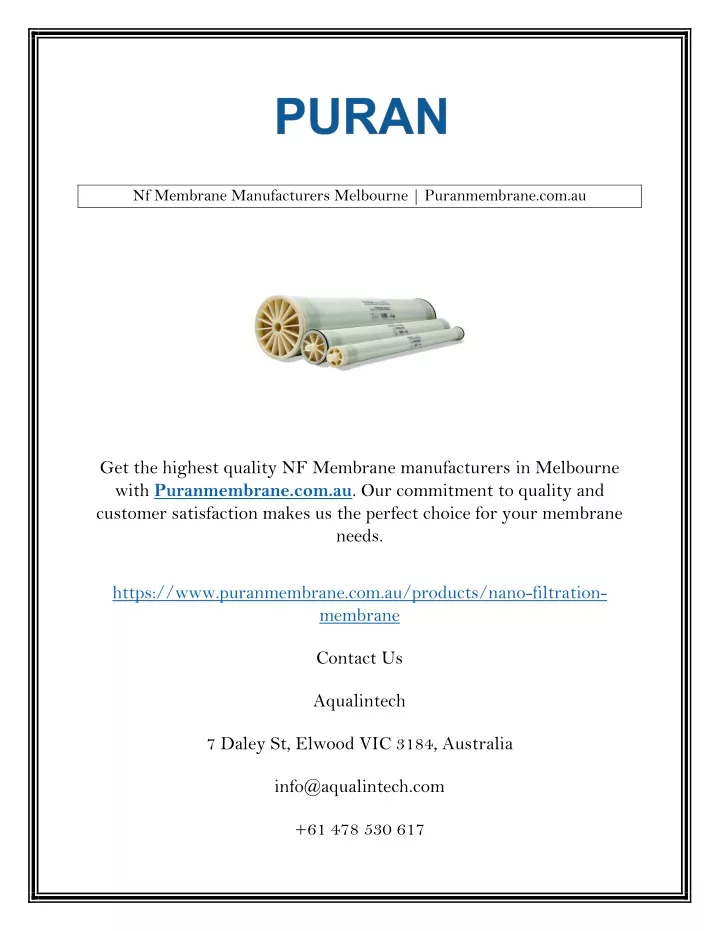 nf membrane manufacturers melbourne puranmembrane