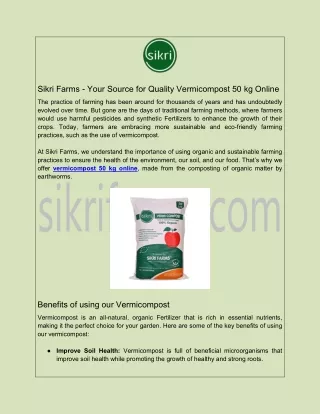 Sikri Farms - Your Source for Quality Vermicompost 50 kg Online