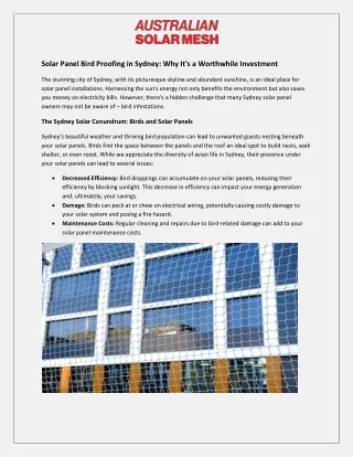 Solar Panel Bird Proofing in Sydney - Why It's a Worthwhile Investment