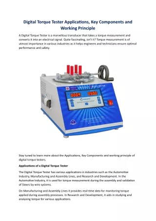 Digital Torque Tester Applications, Key Components and Working Principle