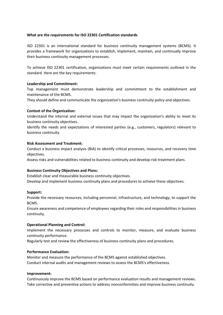 what are the requirements for iso 22301