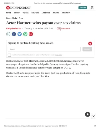 Actor Hartnett wins payout over sex claims - Graham Atkins