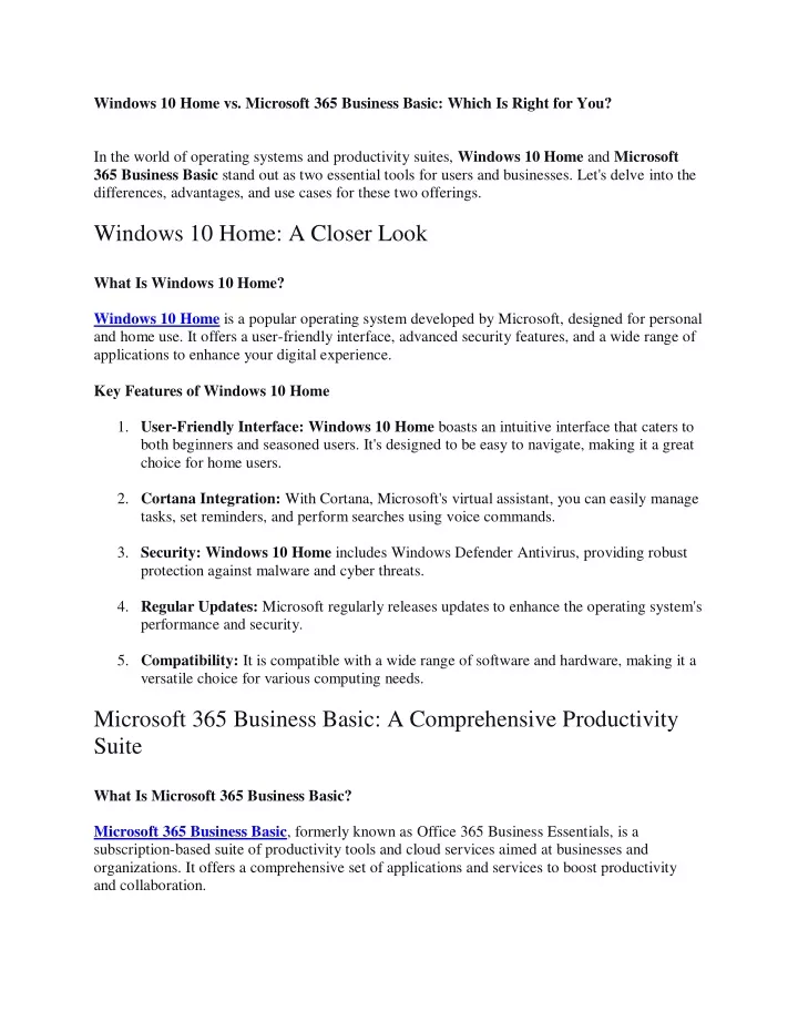 windows 10 home vs microsoft 365 business basic