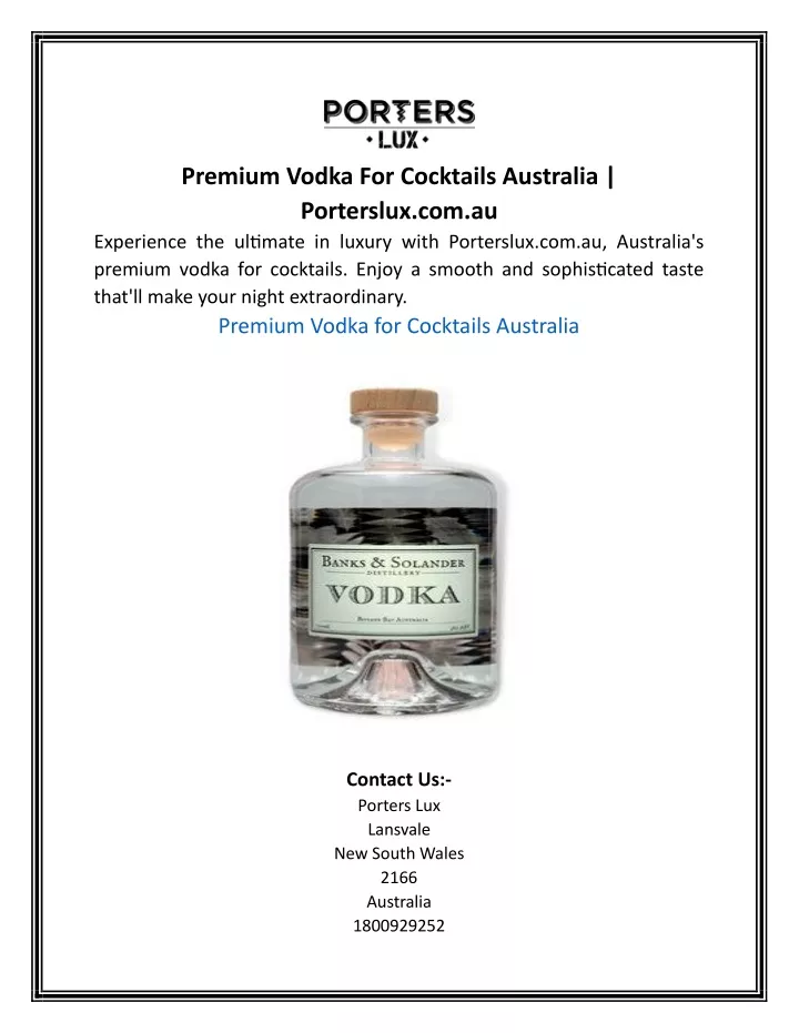 premium vodka for cocktails australia porterslux
