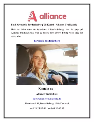 Find Køreskole Frederiksberg Til Kørsel   Alliance Trafikskole